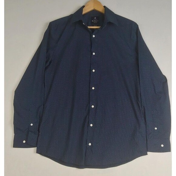 Ben Sherman Dress Shirt Size M 15-15.5 Navy Blue Dot Tailored Fit Stretch - Picture 3 of 9